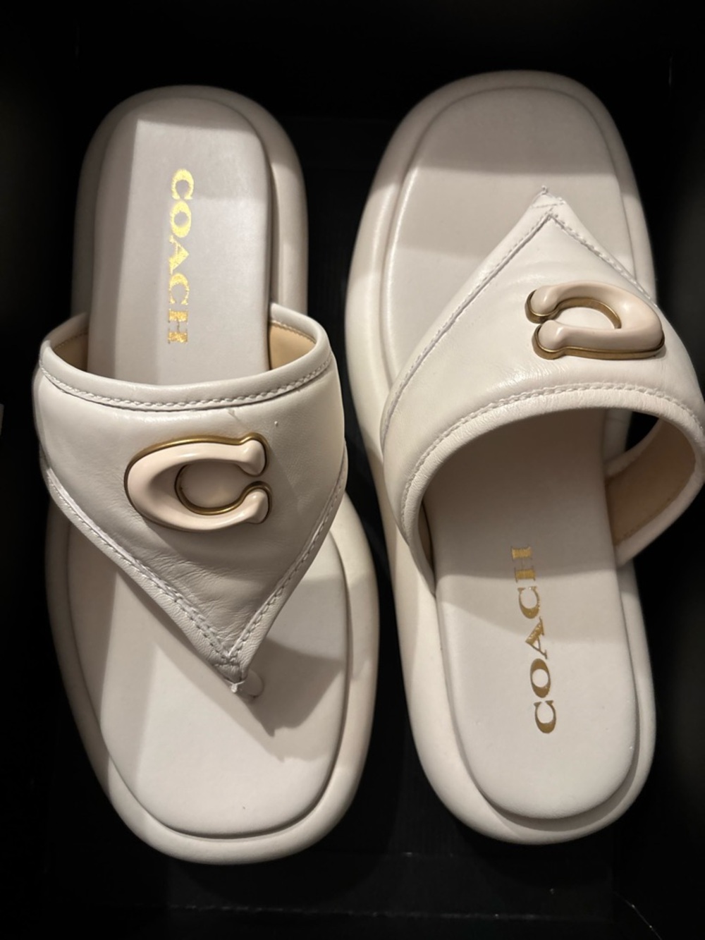 COACH Cream Leather Platform Thong Sandals with Gold Logo
